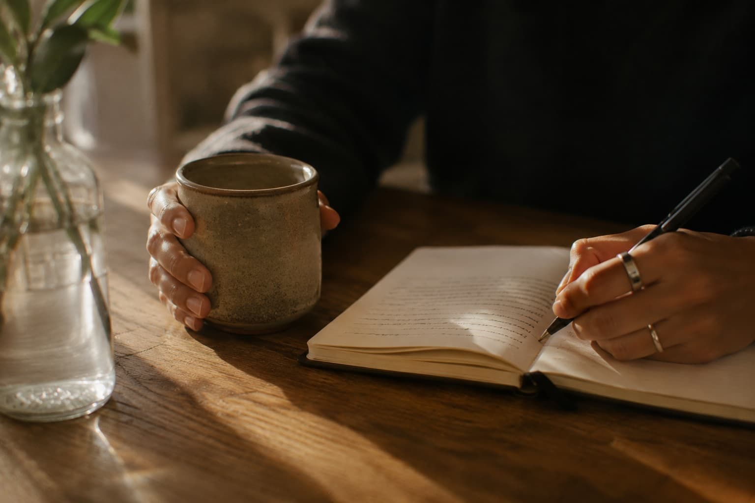 Hands holding a ceramic mug beside an open journal in warm light